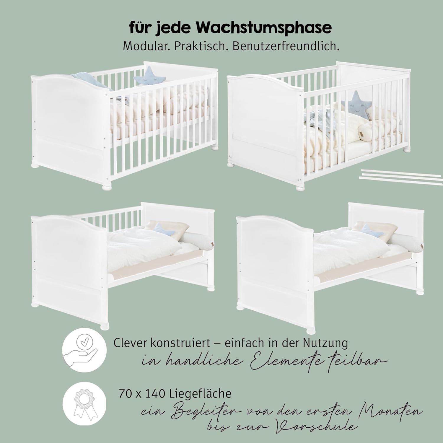 roba Babybett Set Little Stars - 70 x 140 cm - Kinderbett mitwachsend / umbaubar + komplette Textilien im Sterne Design - Höhenverstellbar - Holz weiß