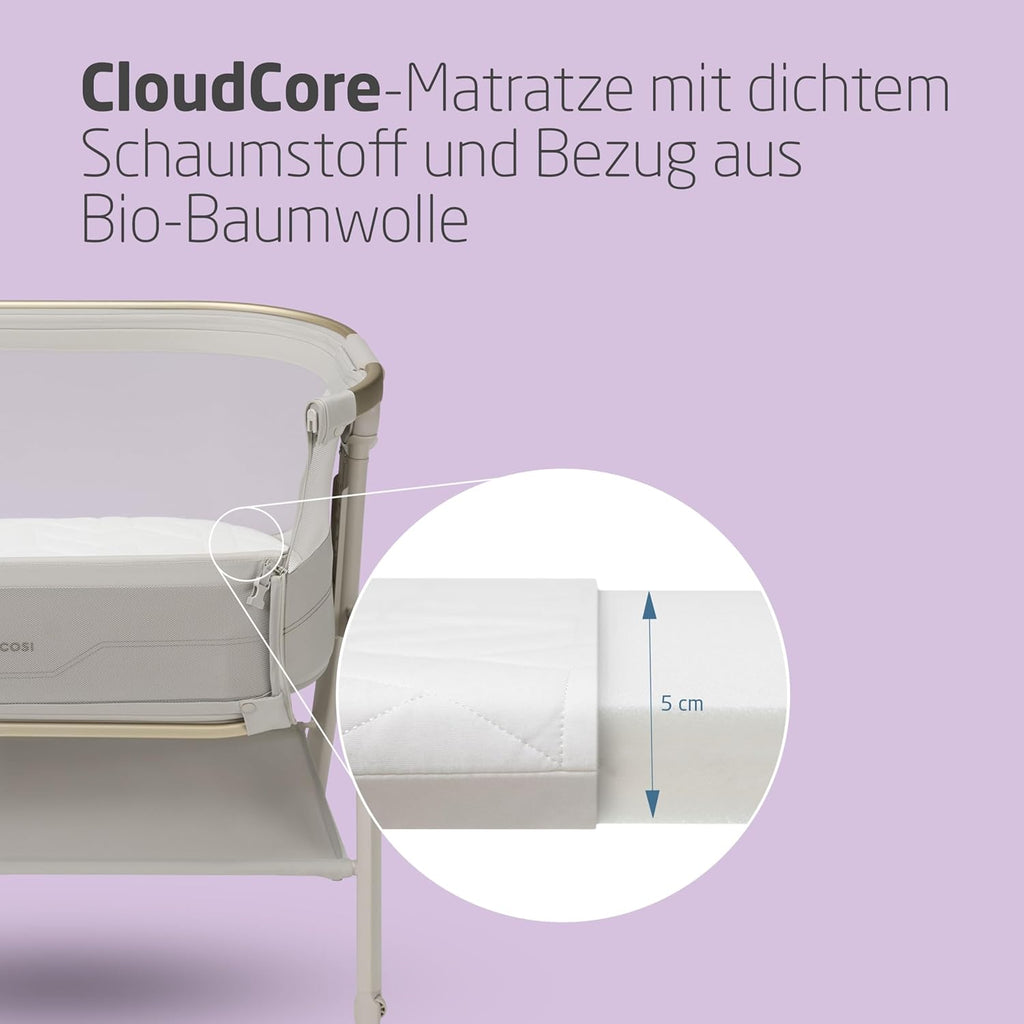 Maxi Cosi Iora² Baby Stubenbett, 0–6 kg (9 kg), Klappbares und Leichtes Beistellbett Baby, 5 cm CloudCore-Matratze, 5 Höhenstufen, 2 Leichtgängige Rollen, Easy Slide, Elegance Beige