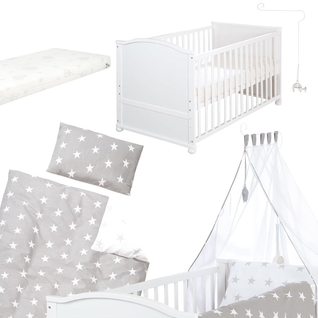 roba Babybett Set Little Stars - 70 x 140 cm - Kinderbett mitwachsend / umbaubar + komplette Textilien im Sterne Design - Höhenverstellbar - Holz weiß