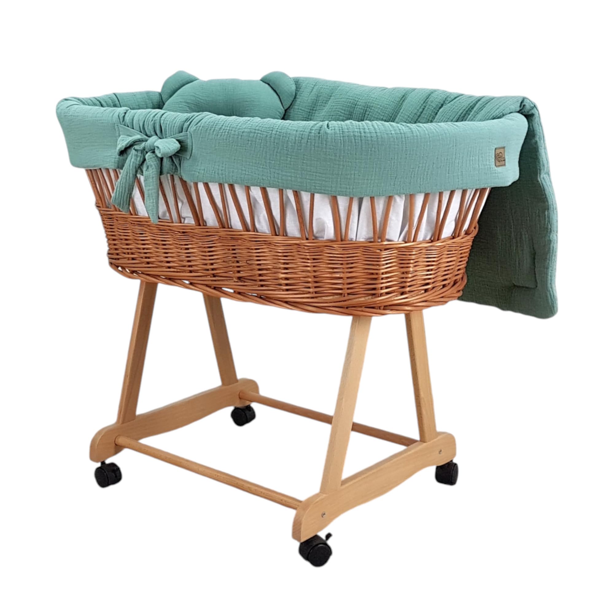 Stubenwagen Baby mit Rollen & Bremse – Moseskorb aus Naturweide inkl. Matratze & Beige Bettwäsche aus 100% Baumwolle – sicher & mobil – Modell Amelia