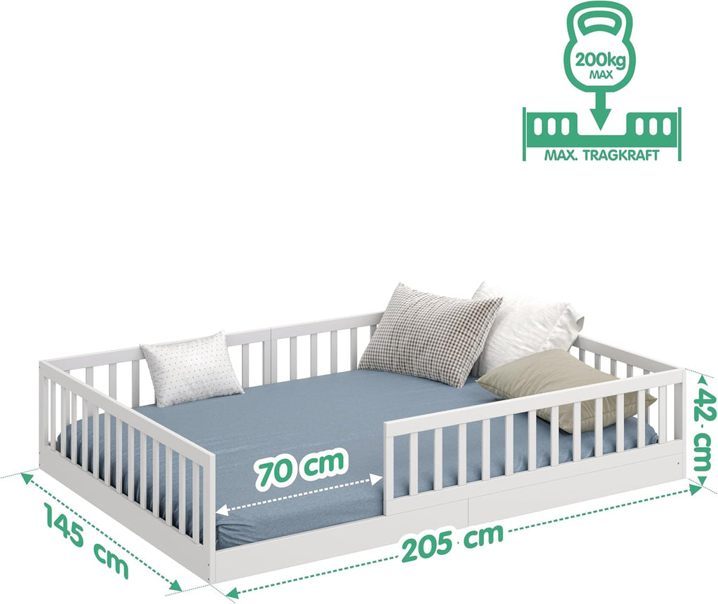 CADANI Timi Kinderbett 140x200 cm Bodenbett, Rausfallschutz abnehmbar, bis 200 kg belastbar, Roll-Lattenrost, Montessori Kiefer Massivholz Bett, 3 Aufbauvarianten, Umbaubar, Weiß