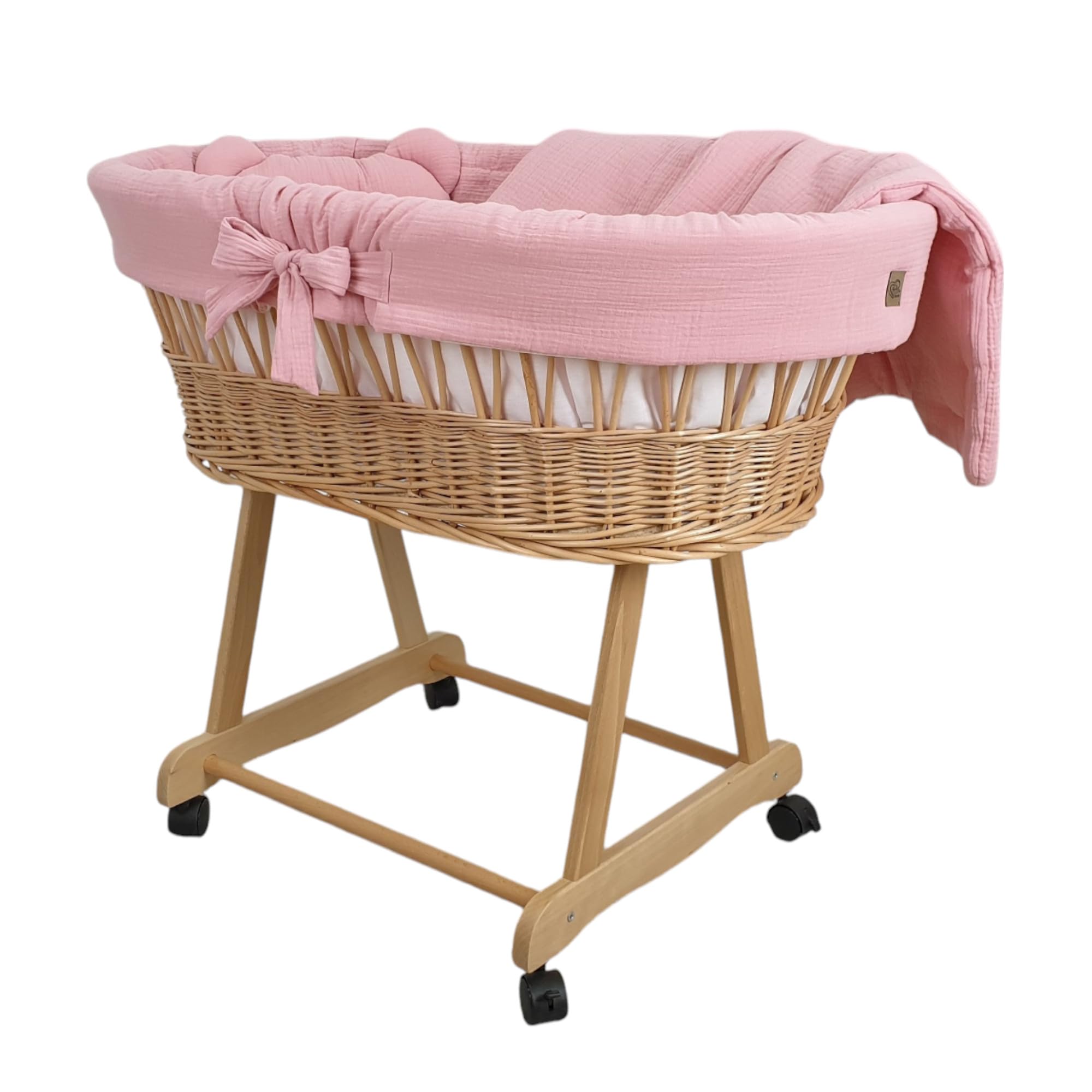 Stubenwagen Baby mit Rollen & Bremse – Moseskorb aus Naturweide inkl. Matratze & Beige Bettwäsche aus 100% Baumwolle – sicher & mobil – Modell Amelia