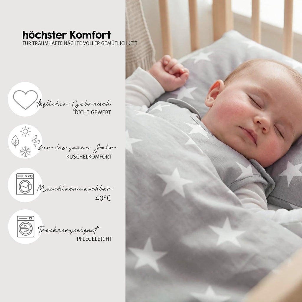 roba Babybett Set Little Stars - 70 x 140 cm - Kinderbett mitwachsend / umbaubar + komplette Textilien im Sterne Design - Höhenverstellbar - Holz weiß