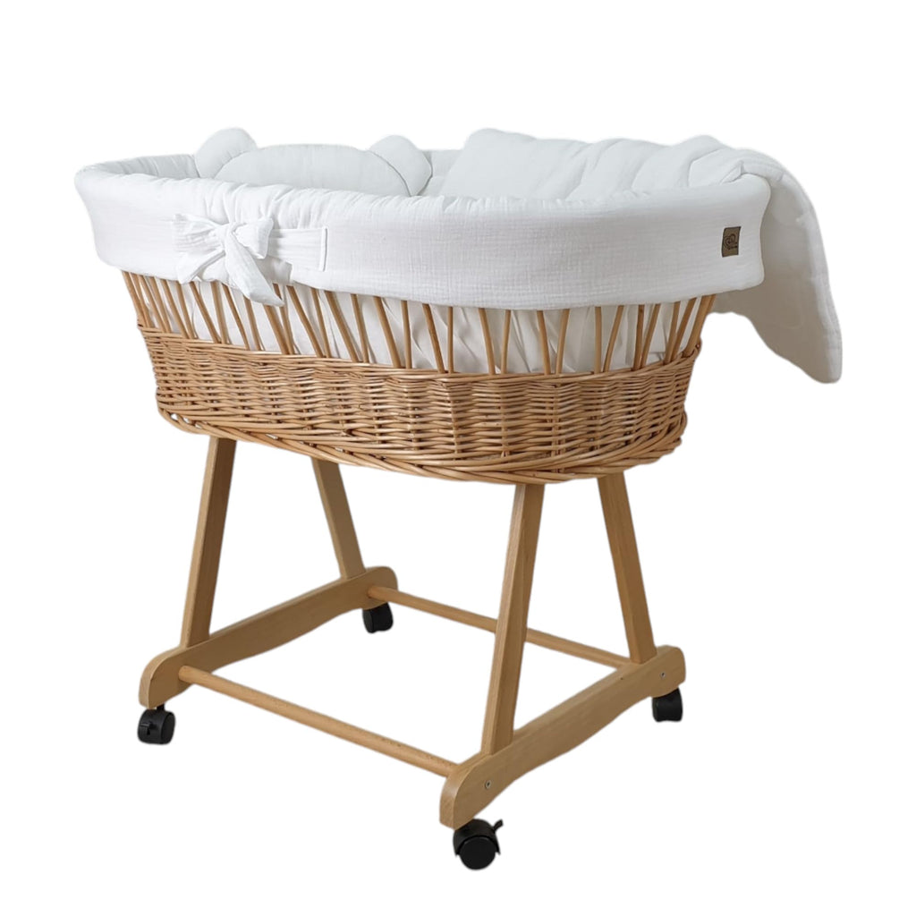 Stubenwagen Baby mit Rollen & Bremse – Moseskorb aus Naturweide inkl. Matratze & Beige Bettwäsche aus 100% Baumwolle – sicher & mobil – Modell Amelia