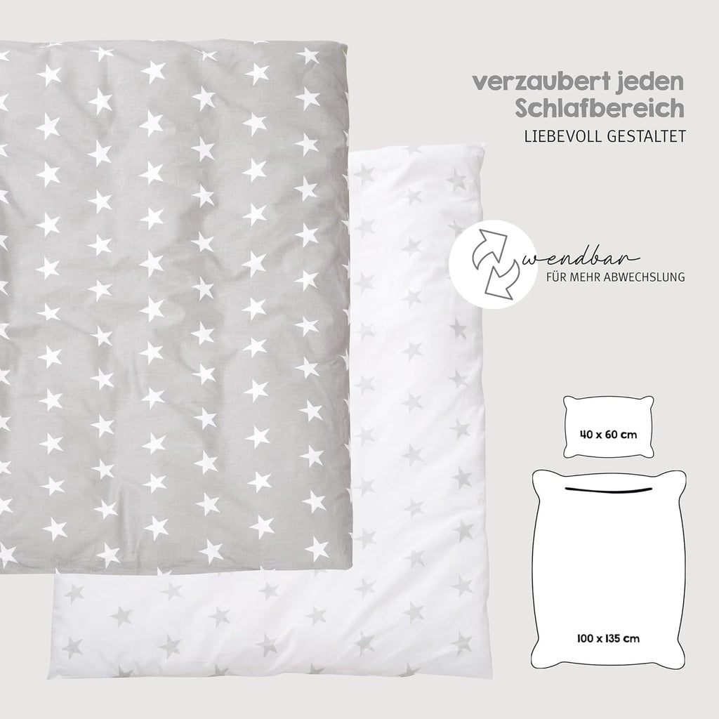 roba Babybett Set Little Stars - 70 x 140 cm - Kinderbett mitwachsend / umbaubar + komplette Textilien im Sterne Design - Höhenverstellbar - Holz weiß