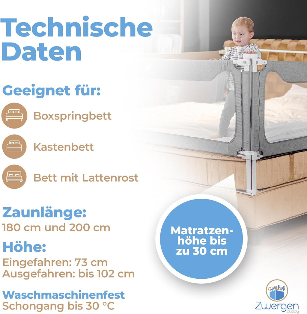 Rausfallschutz Boxspringbett & Elternbett (180x200cm) [8-teiliges Rausfallschutz Bett Set] Stabilitätsstange & Zwischenraumschutz – Bettgitter ist Laborgeprüft