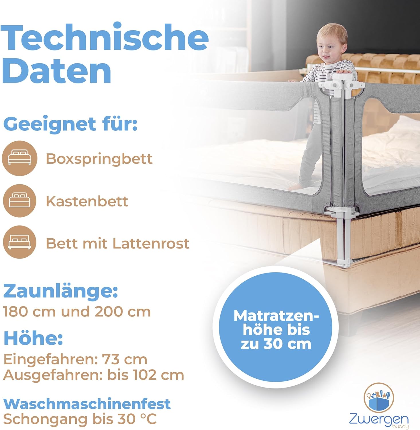 Rausfallschutz Boxspringbett & Elternbett (180x200cm) [8-teiliges Rausfallschutz Bett Set] Stabilitätsstange & Zwischenraumschutz – Bettgitter ist Laborgeprüft