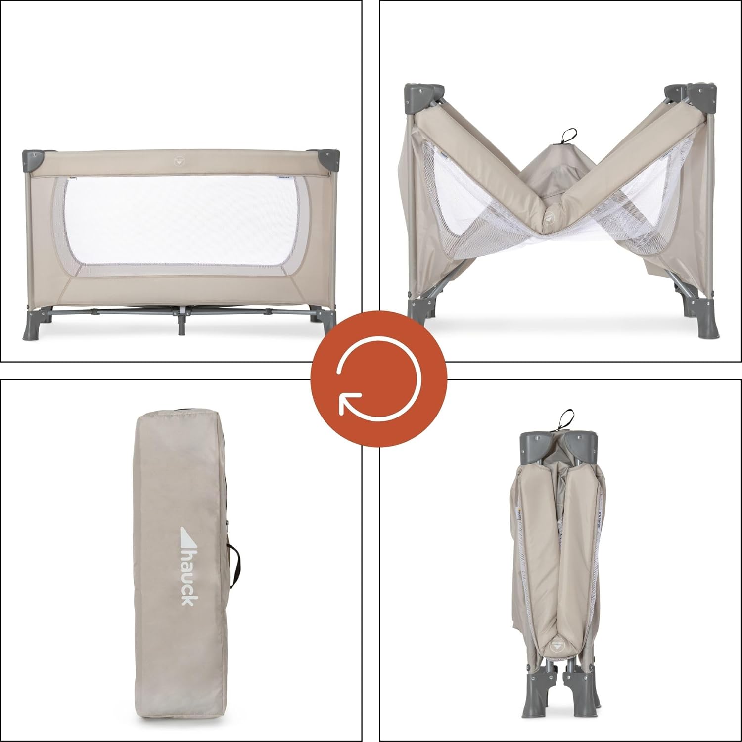 hauck Dream N Play, Beige - Baby & Kinder Reisebett mit Tragetasche ab Geburt bis 15 kg, Schnell & Kompakt Faltbar, Große Netzfenster
