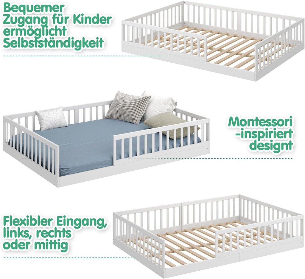CADANI Timi Kinderbett 140x200 cm Bodenbett, Rausfallschutz abnehmbar, bis 200 kg belastbar, Roll-Lattenrost, Montessori Kiefer Massivholz Bett, 3 Aufbauvarianten, Umbaubar, Weiß