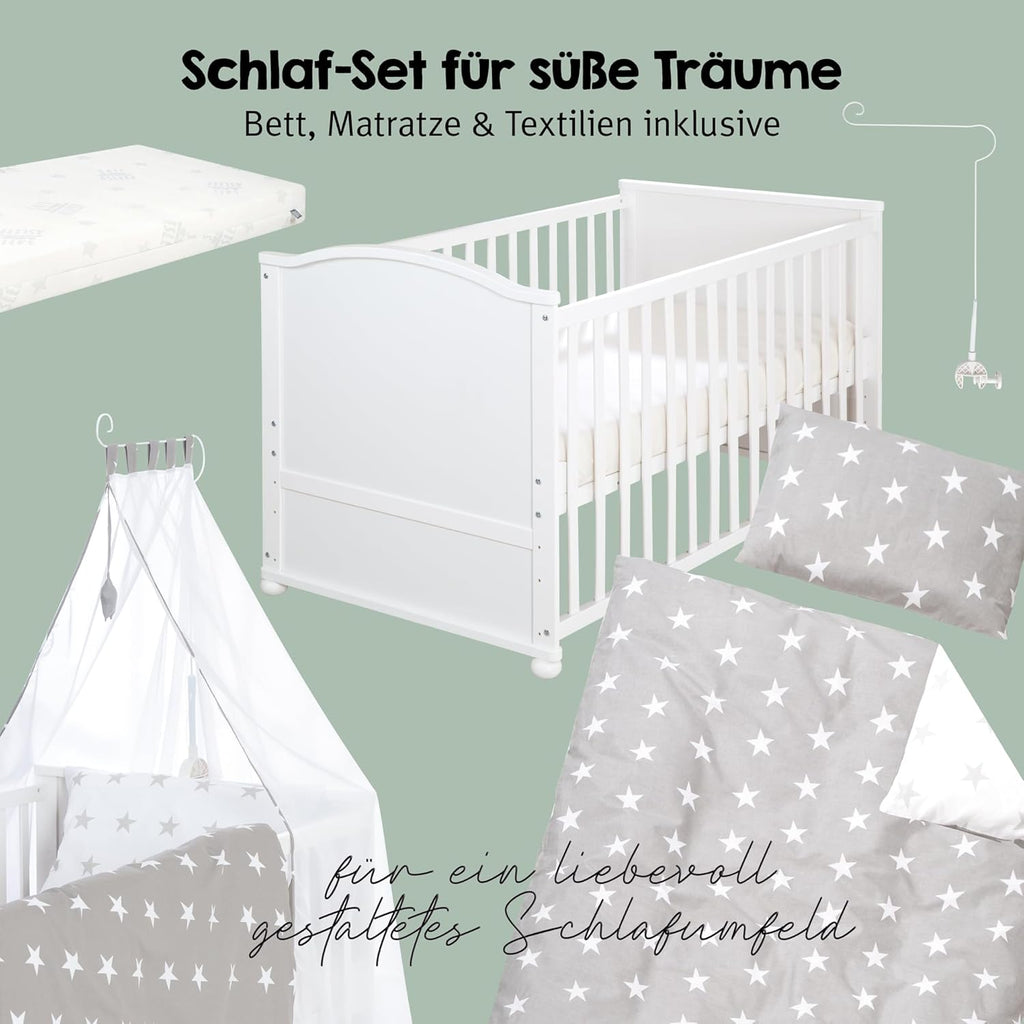 roba Babybett Set Little Stars - 70 x 140 cm - Kinderbett mitwachsend / umbaubar + komplette Textilien im Sterne Design - Höhenverstellbar - Holz weiß