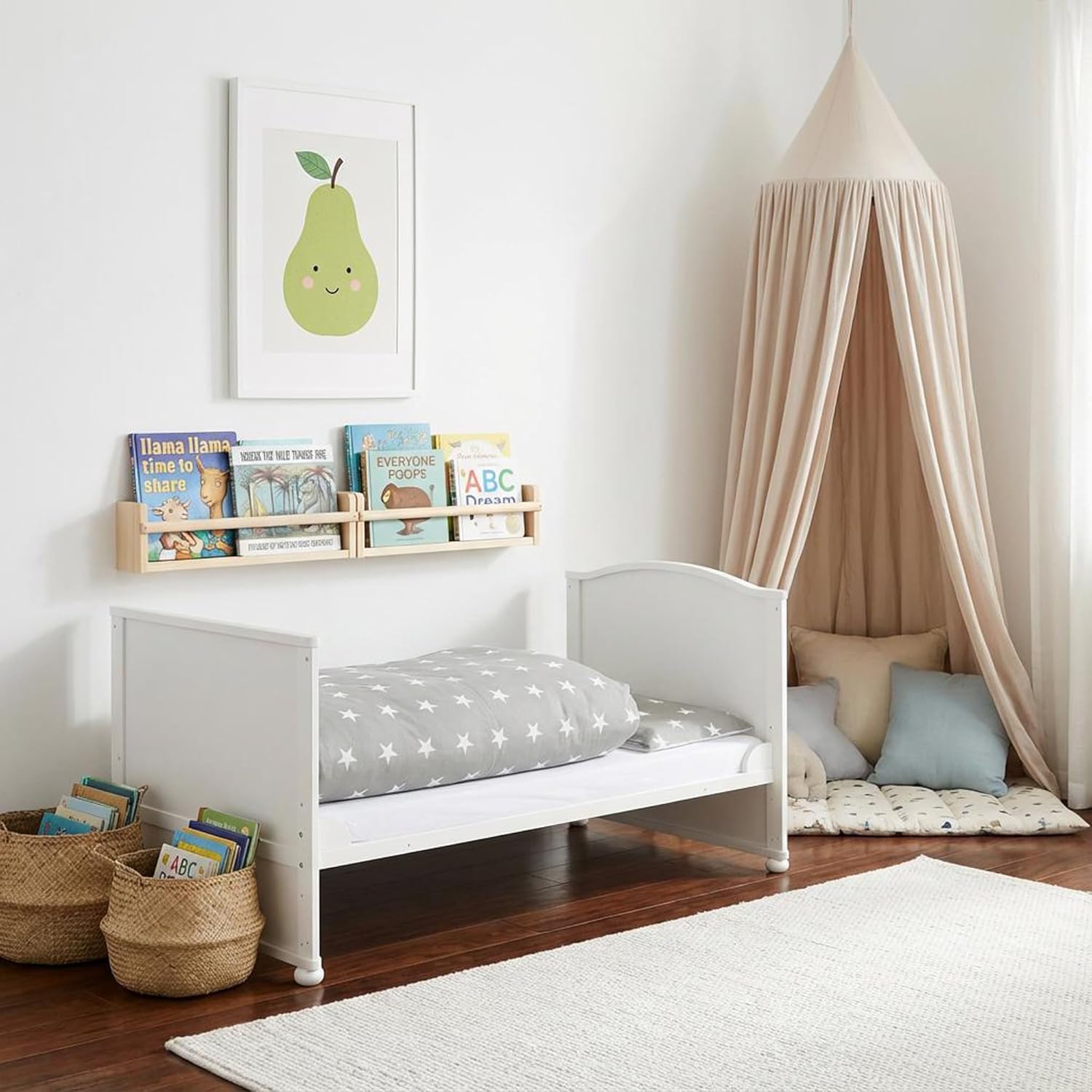 roba Babybett Set Little Stars - 70 x 140 cm - Kinderbett mitwachsend / umbaubar + komplette Textilien im Sterne Design - Höhenverstellbar - Holz weiß