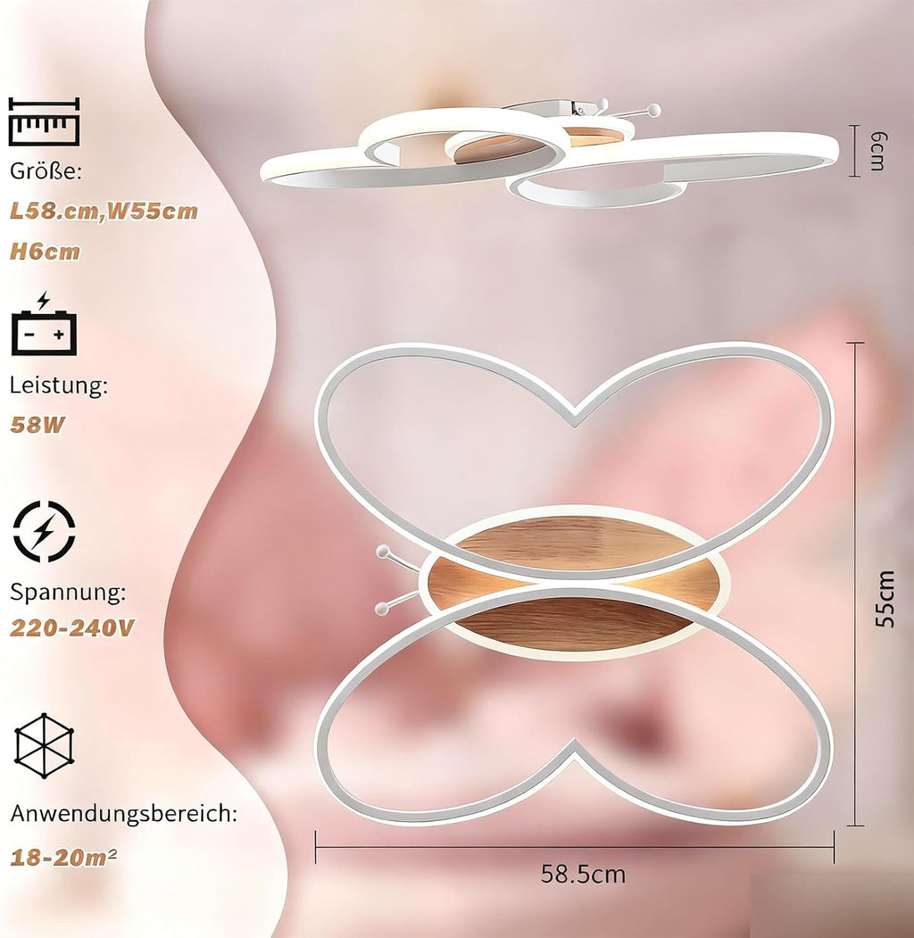 LED Deckenleuchte Schlafzimmer, 58CM Deckenlampe Kinderzimmer Dimmbar mit Fernbedienung 3000K-6000K, 58W Kreativen Schmetterling Kinderzimmer Lampe Decke für Schlafzimmer Wohnzimmer
