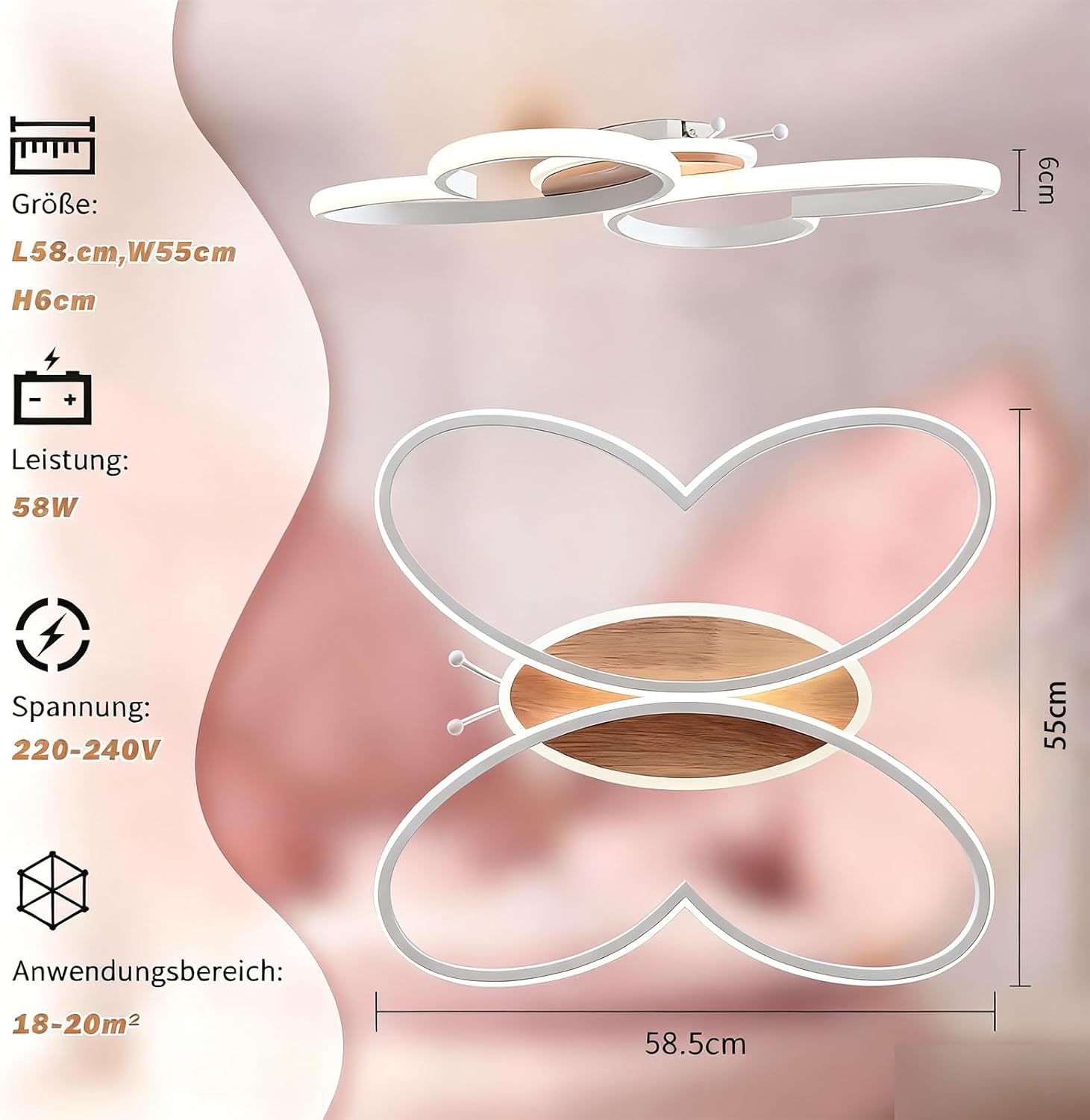 LED Deckenleuchte Schlafzimmer, 58CM Deckenlampe Kinderzimmer Dimmbar mit Fernbedienung 3000K-6000K, 58W Kreativen Schmetterling Kinderzimmer Lampe Decke für Schlafzimmer Wohnzimmer