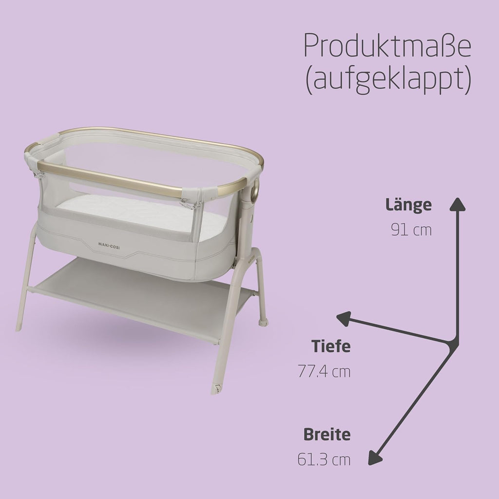 Maxi Cosi Iora² Baby Stubenbett, 0–6 kg (9 kg), Klappbares und Leichtes Beistellbett Baby, 5 cm CloudCore-Matratze, 5 Höhenstufen, 2 Leichtgängige Rollen, Easy Slide, Elegance Beige