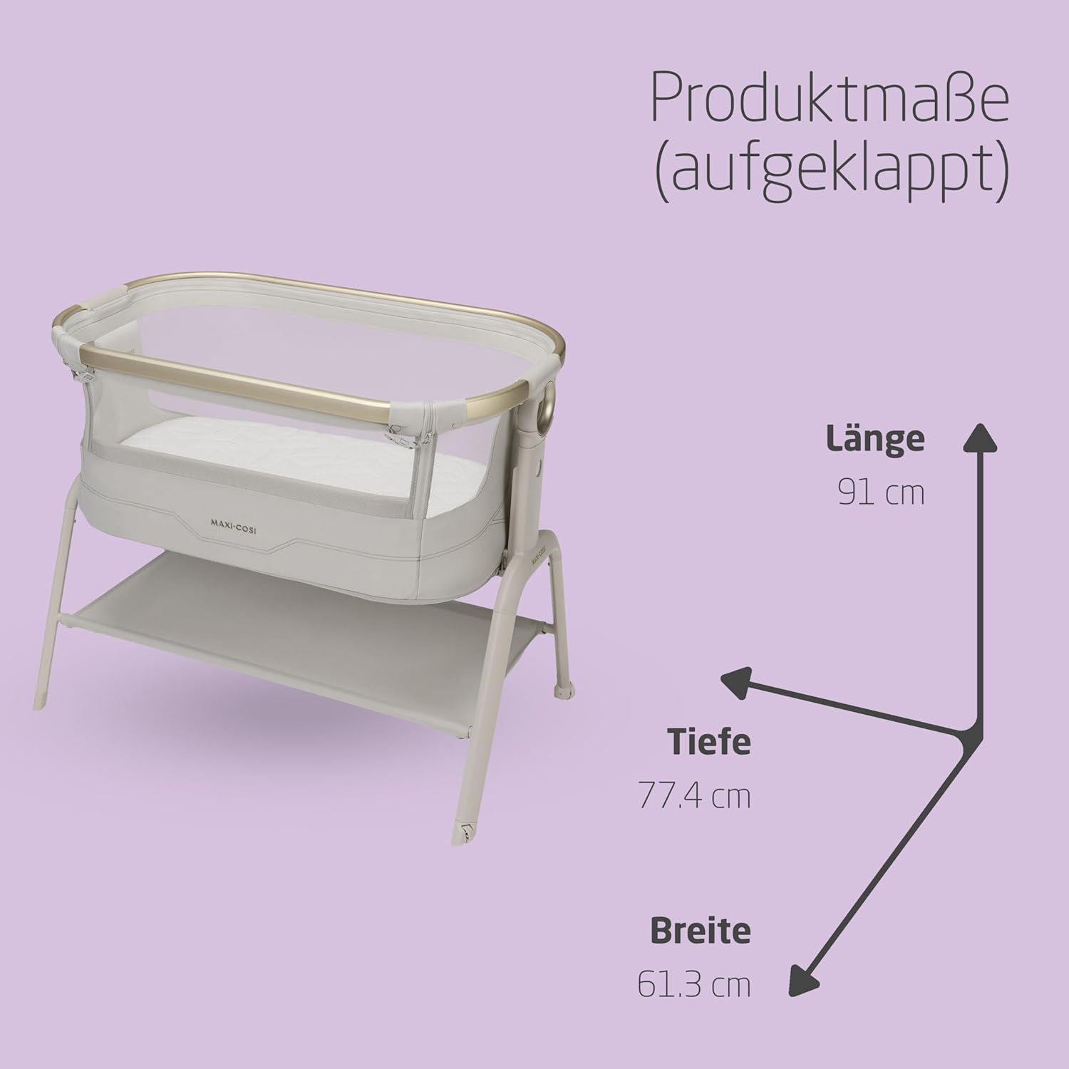Maxi Cosi Iora² Baby Stubenbett, 0–6 kg (9 kg), Klappbares und Leichtes Beistellbett Baby, 5 cm CloudCore-Matratze, 5 Höhenstufen, 2 Leichtgängige Rollen, Easy Slide, Elegance Beige