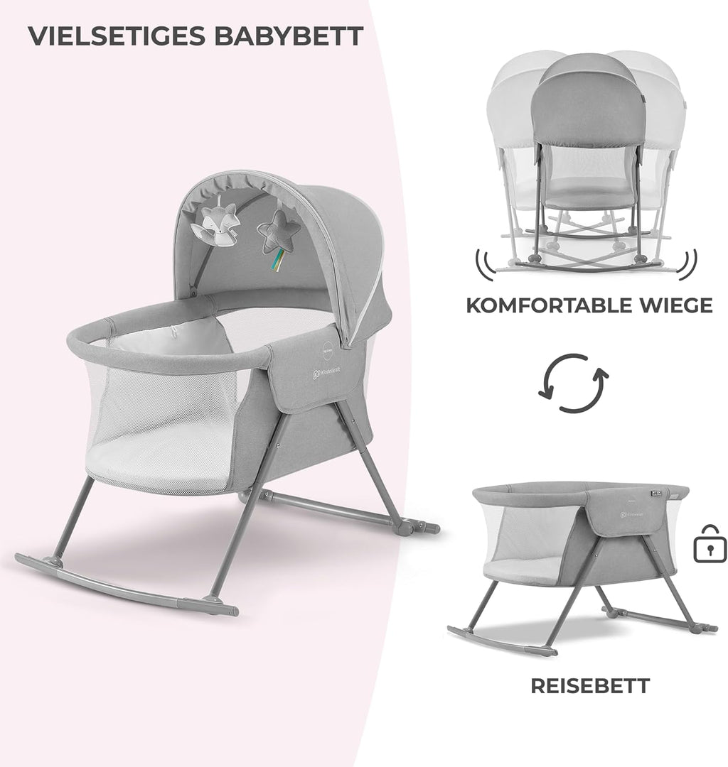 kk Kinderkraft Kinderkraft Kinderbett 3 in 1 lOVI, Kinderreisebett, Stubenwagen, Babywiege, Baby Wippe, Zusammenklappbar, Einfach Transport, mit Zubehör, Tasche, Moskitonetz,von Geburt bis 9 kg, Grau