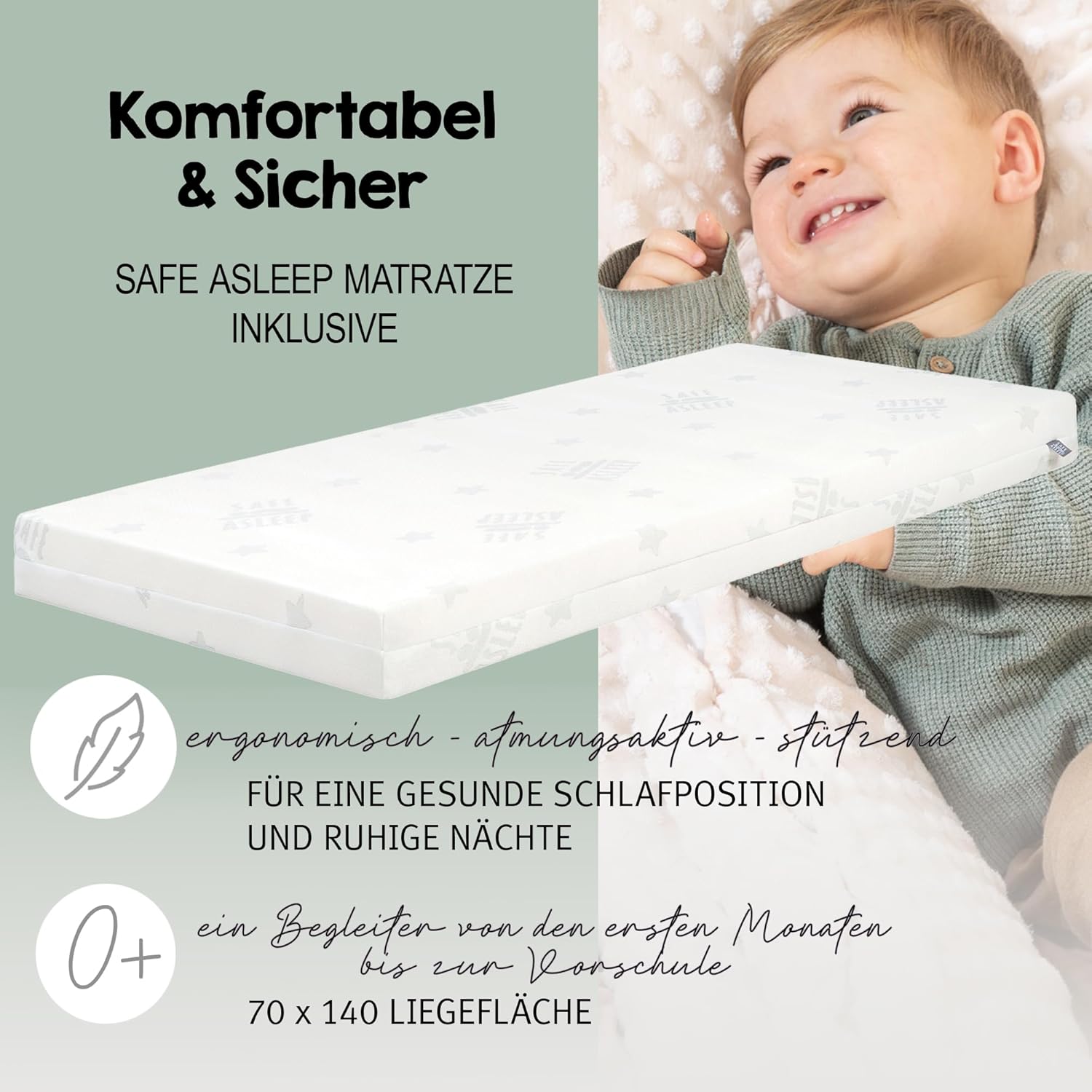 roba Babybett Set Little Stars - 70 x 140 cm - Kinderbett mitwachsend / umbaubar + komplette Textilien im Sterne Design - Höhenverstellbar - Holz weiß