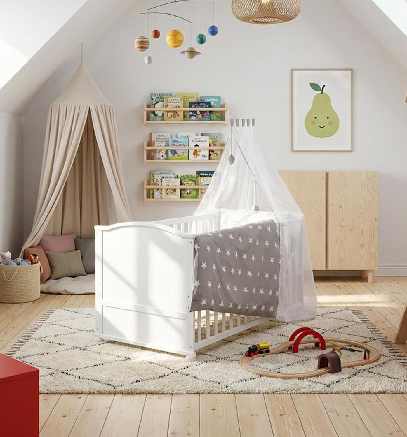 roba Babybett Set Little Stars - 70 x 140 cm - Kinderbett mitwachsend / umbaubar + komplette Textilien im Sterne Design - Höhenverstellbar - Holz weiß