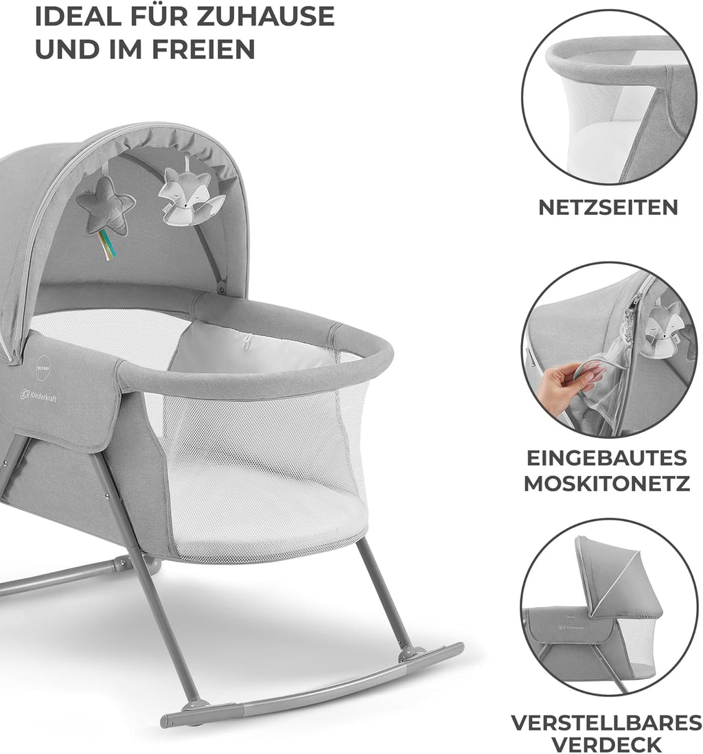 kk Kinderkraft Kinderkraft Kinderbett 3 in 1 lOVI, Kinderreisebett, Stubenwagen, Babywiege, Baby Wippe, Zusammenklappbar, Einfach Transport, mit Zubehör, Tasche, Moskitonetz,von Geburt bis 9 kg, Grau