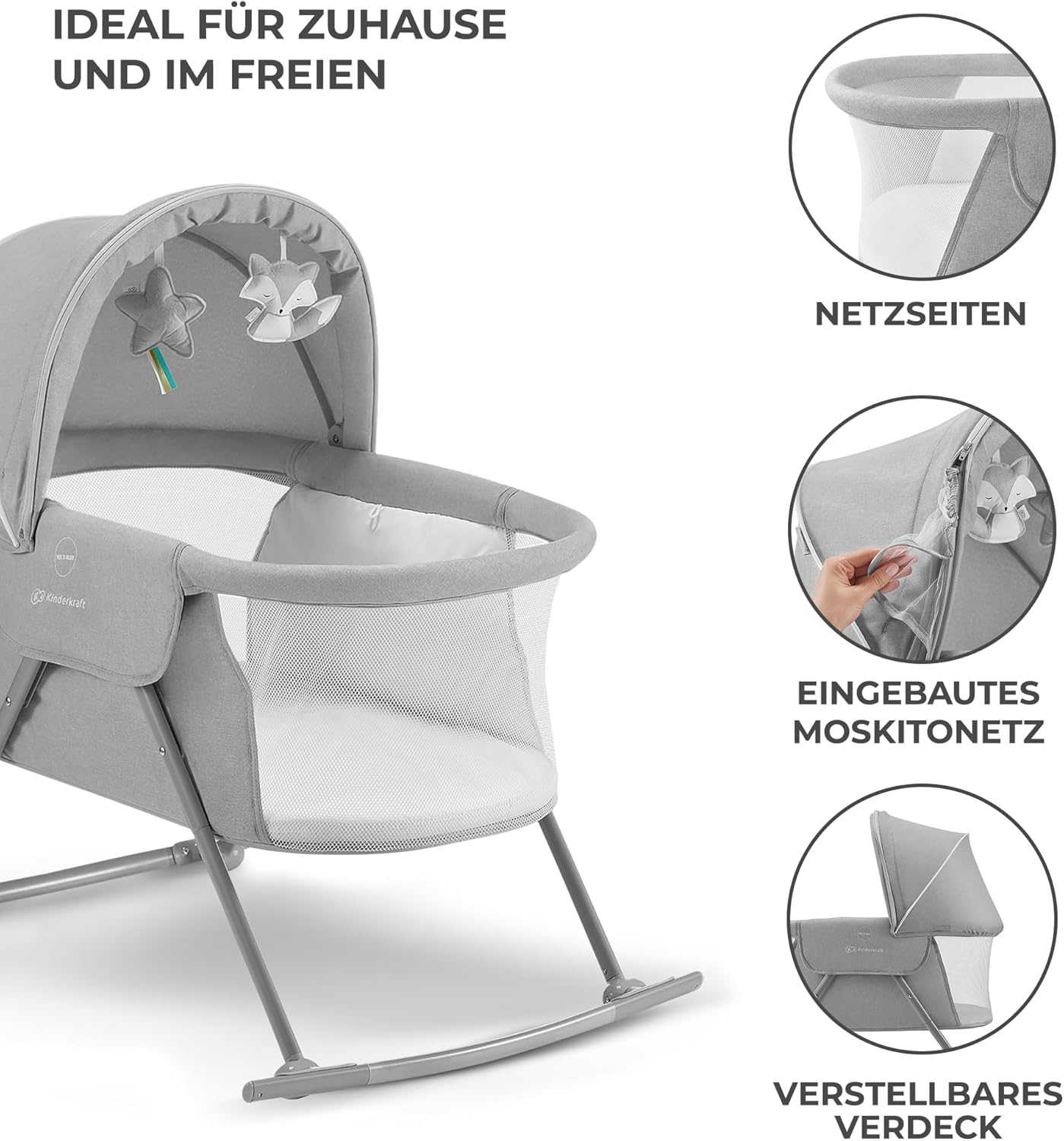 kk Kinderkraft Kinderkraft Kinderbett 3 in 1 lOVI, Kinderreisebett, Stubenwagen, Babywiege, Baby Wippe, Zusammenklappbar, Einfach Transport, mit Zubehör, Tasche, Moskitonetz,von Geburt bis 9 kg, Grau