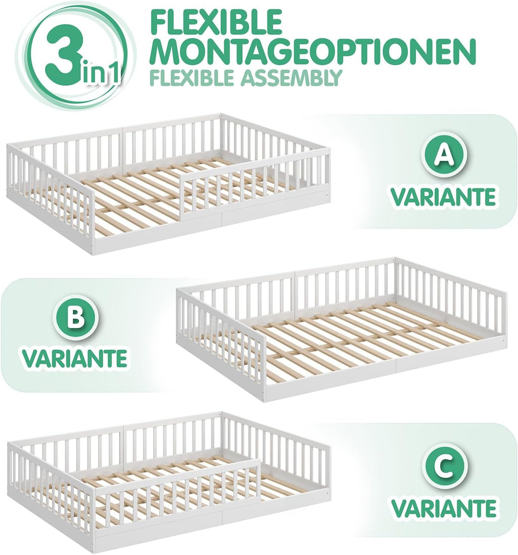 CADANI Timi Kinderbett 140x200 cm Bodenbett, Rausfallschutz abnehmbar, bis 200 kg belastbar, Roll-Lattenrost, Montessori Kiefer Massivholz Bett, 3 Aufbauvarianten, Umbaubar, Weiß