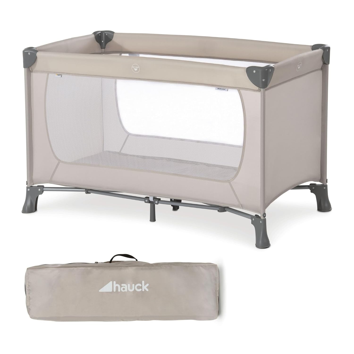 hauck Dream N Play, Beige - Baby & Kinder Reisebett mit Tragetasche ab Geburt bis 15 kg, Schnell & Kompakt Faltbar, Große Netzfenster