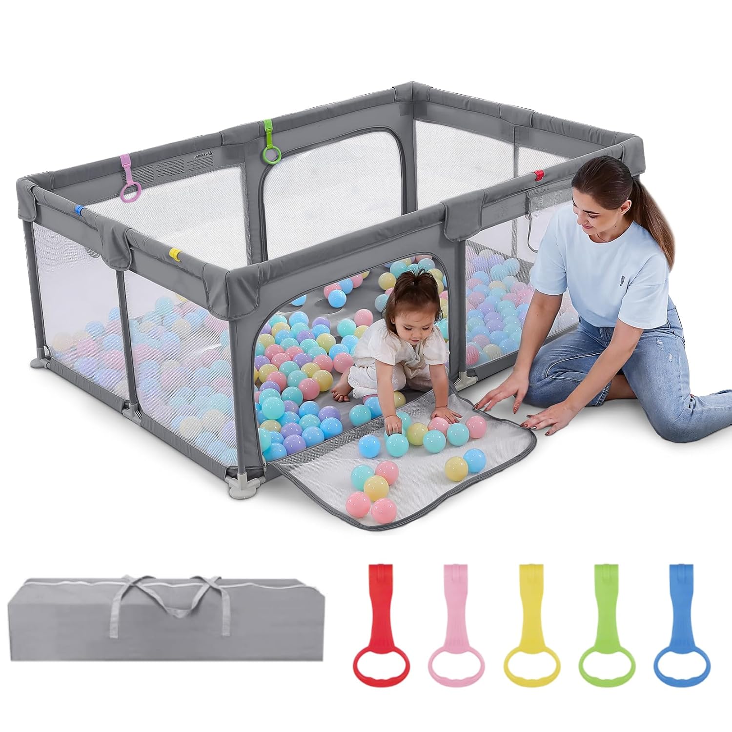 Dripex Laufstall Baby, Großes Laufgitter Baby faltbar für 2-3 Kinder, Indoor & Outdoor laufgitter & -Ställe mit atmungsaktivem Netz & 5 Pull-up Rings, 120x180cm, Hellgrau