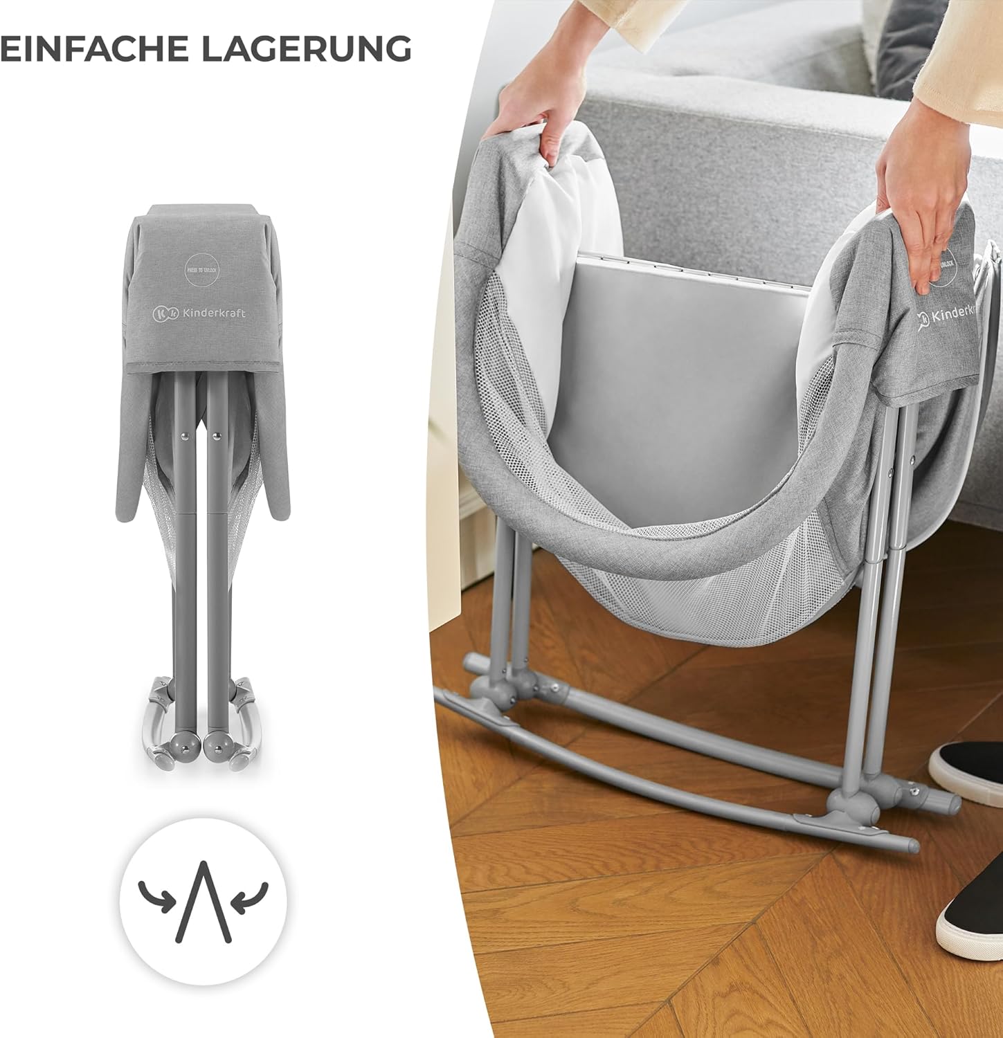 kk Kinderkraft Kinderkraft Kinderbett 3 in 1 lOVI, Kinderreisebett, Stubenwagen, Babywiege, Baby Wippe, Zusammenklappbar, Einfach Transport, mit Zubehör, Tasche, Moskitonetz,von Geburt bis 9 kg, Grau