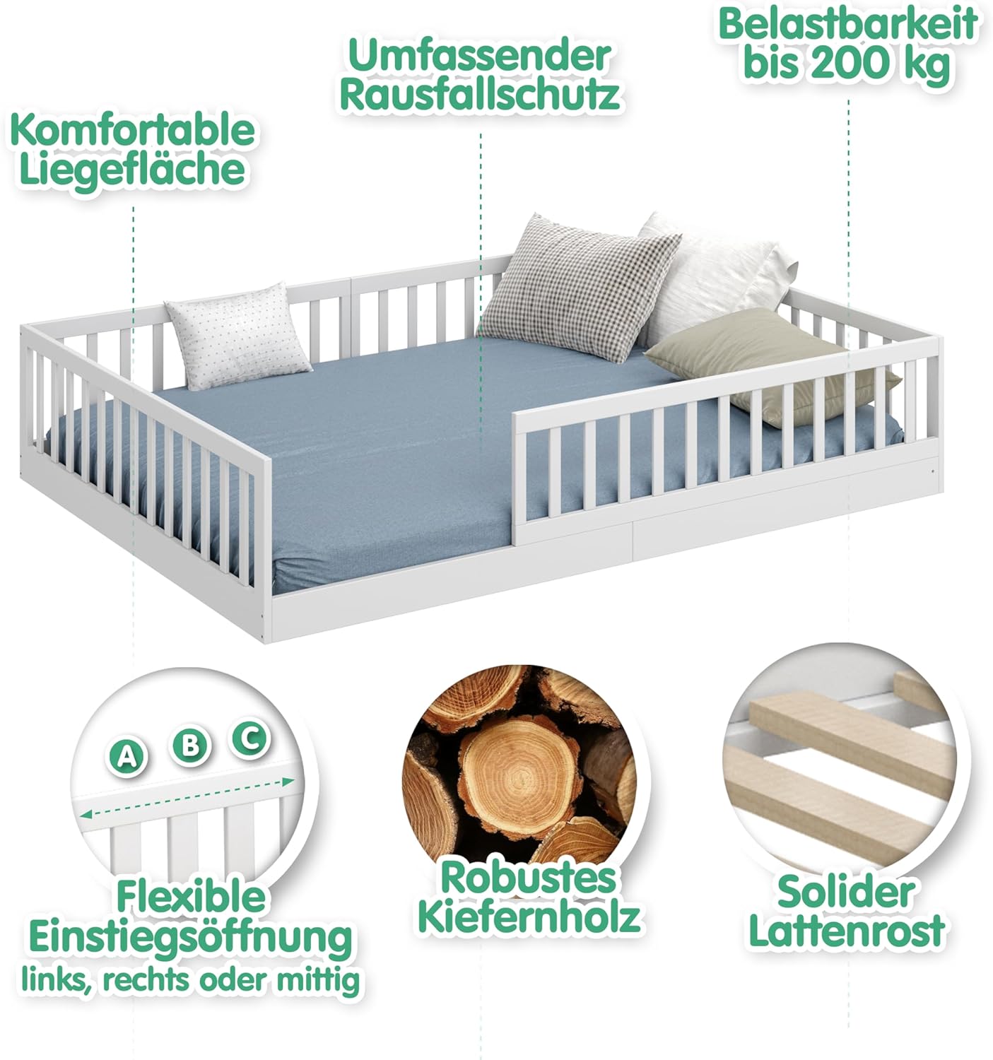 CADANI Timi Kinderbett 140x200 cm Bodenbett, Rausfallschutz abnehmbar, bis 200 kg belastbar, Roll-Lattenrost, Montessori Kiefer Massivholz Bett, 3 Aufbauvarianten, Umbaubar, Weiß