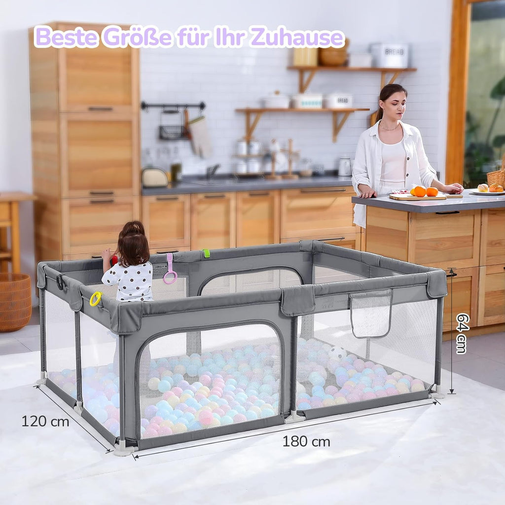 Dripex Laufstall Baby, Großes Laufgitter Baby faltbar für 2-3 Kinder, Indoor & Outdoor laufgitter & -Ställe mit atmungsaktivem Netz & 5 Pull-up Rings, 120x180cm, Hellgrau
