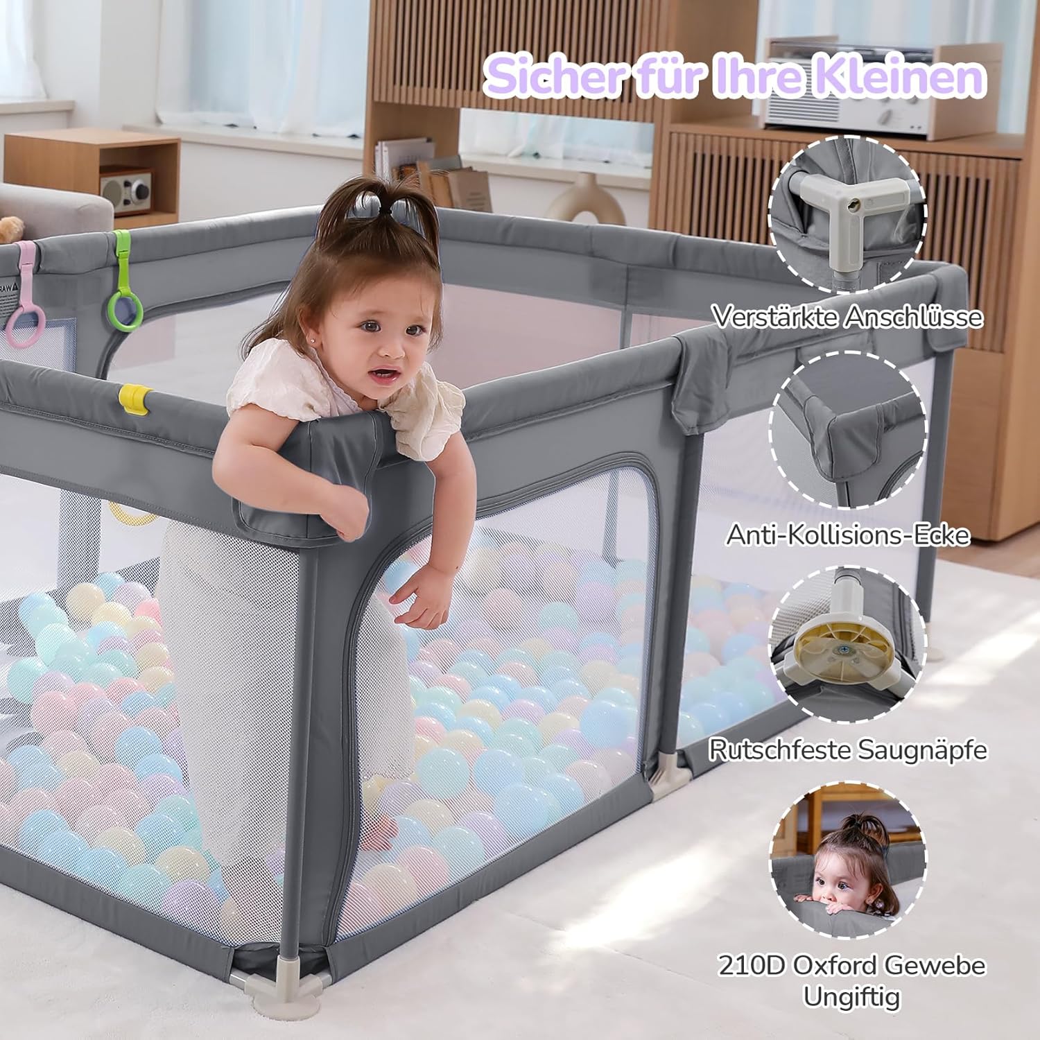Dripex Laufstall Baby, Großes Laufgitter Baby faltbar für 2-3 Kinder, Indoor & Outdoor laufgitter & -Ställe mit atmungsaktivem Netz & 5 Pull-up Rings, 120x180cm, Hellgrau