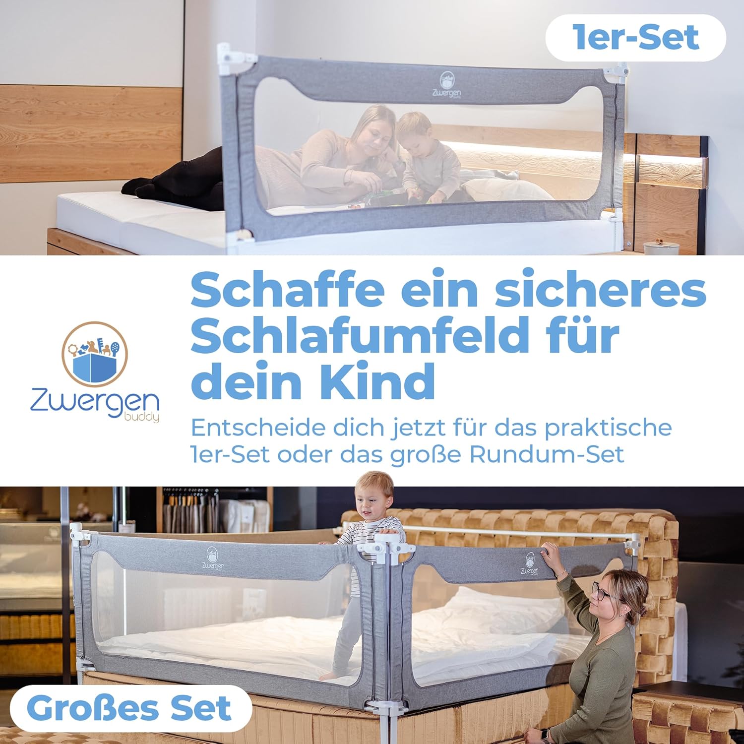 Rausfallschutz Boxspringbett & Elternbett (180x200cm) [8-teiliges Rausfallschutz Bett Set] Stabilitätsstange & Zwischenraumschutz – Bettgitter ist Laborgeprüft