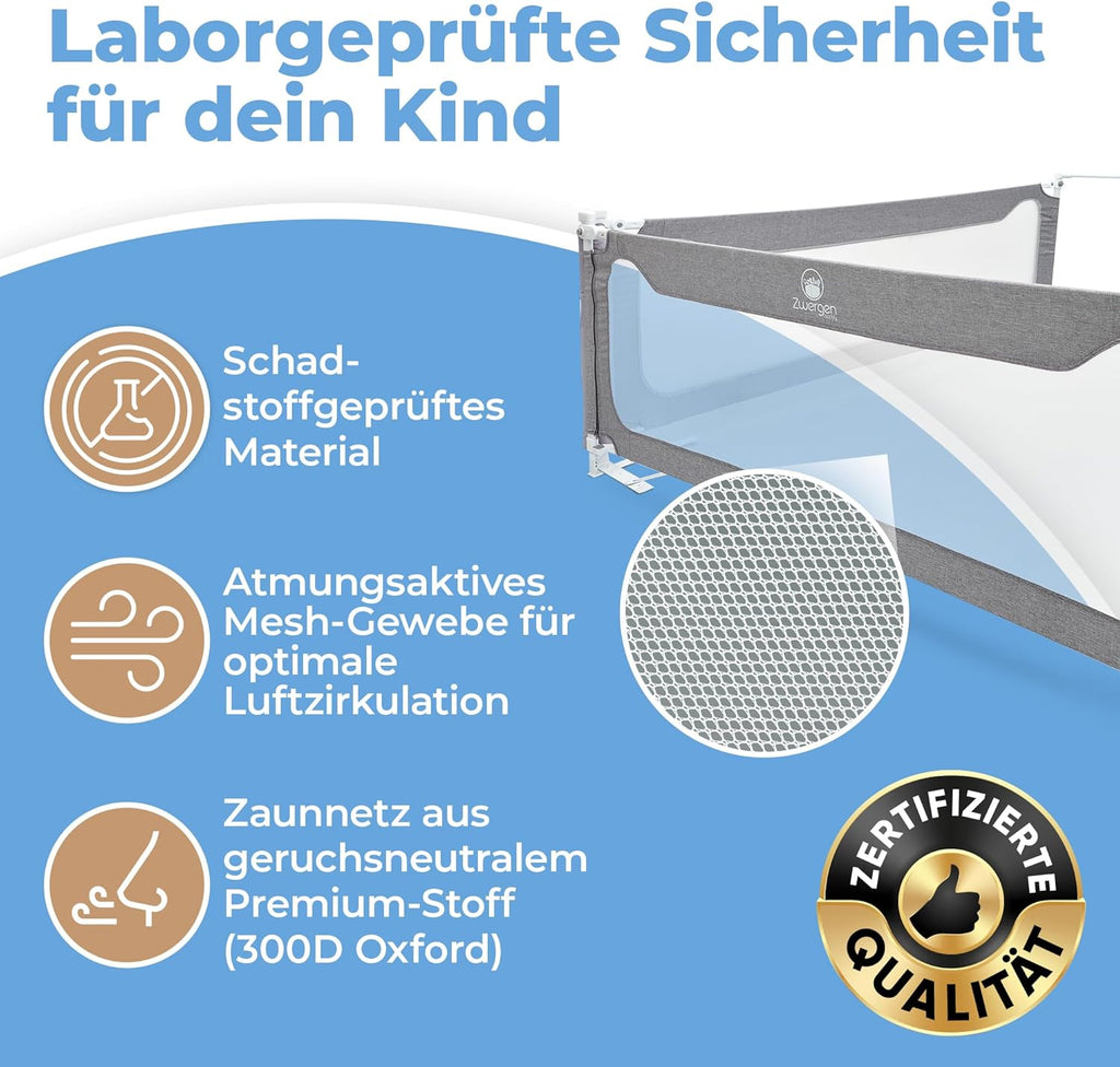 Rausfallschutz Boxspringbett & Elternbett (180x200cm) [8-teiliges Rausfallschutz Bett Set] Stabilitätsstange & Zwischenraumschutz – Bettgitter ist Laborgeprüft