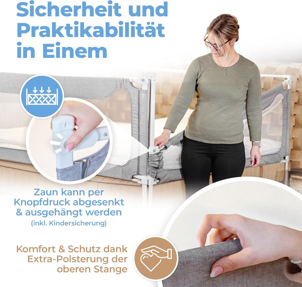 Rausfallschutz Boxspringbett & Elternbett (180x200cm) [8-teiliges Rausfallschutz Bett Set] Stabilitätsstange & Zwischenraumschutz – Bettgitter ist Laborgeprüft