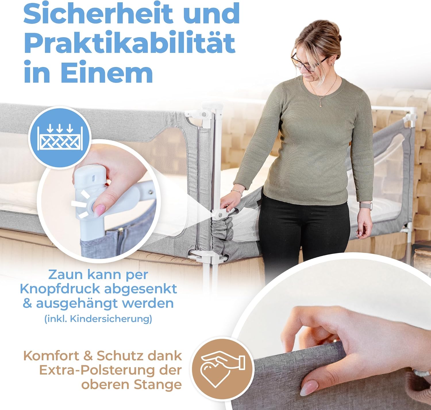 Rausfallschutz Boxspringbett & Elternbett (180x200cm) [8-teiliges Rausfallschutz Bett Set] Stabilitätsstange & Zwischenraumschutz – Bettgitter ist Laborgeprüft