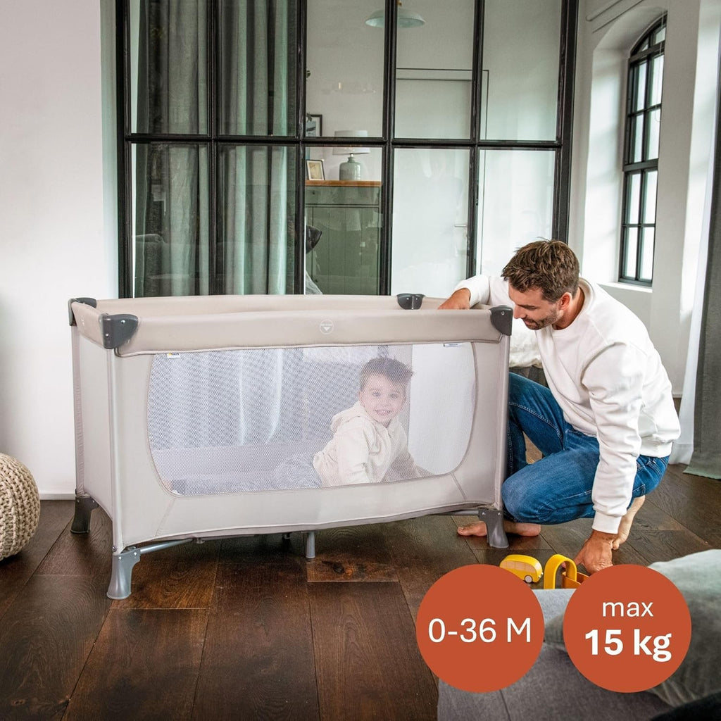 hauck Dream N Play, Beige - Baby & Kinder Reisebett mit Tragetasche ab Geburt bis 15 kg, Schnell & Kompakt Faltbar, Große Netzfenster