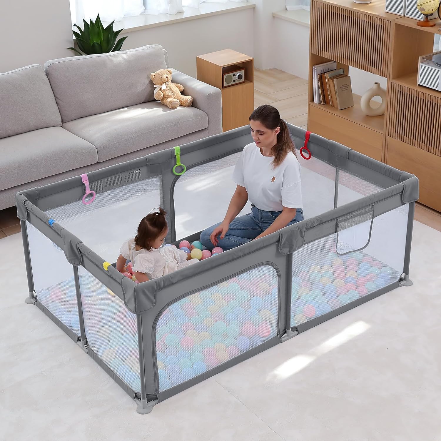 Dripex Laufstall Baby, Großes Laufgitter Baby faltbar für 2-3 Kinder, Indoor & Outdoor laufgitter & -Ställe mit atmungsaktivem Netz & 5 Pull-up Rings, 120x180cm, Hellgrau
