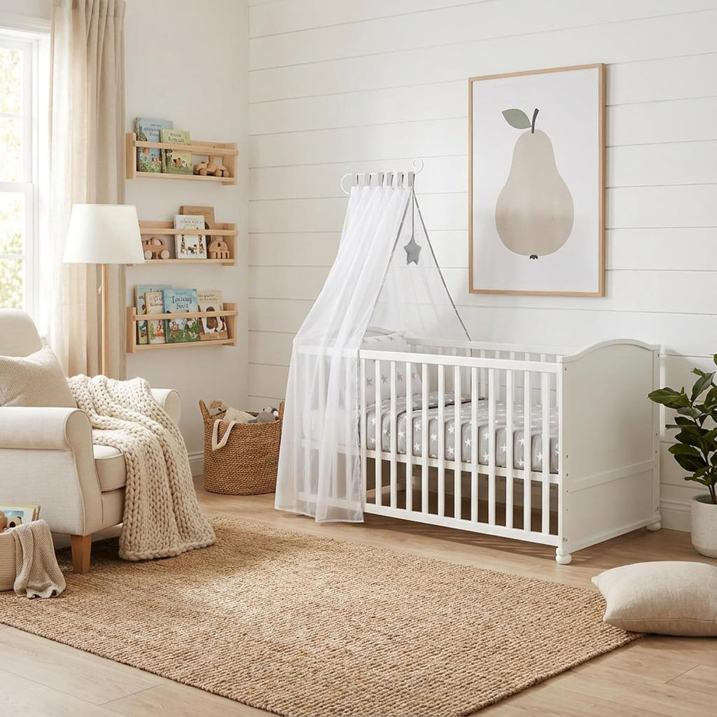 roba Babybett Set Little Stars - 70 x 140 cm - Kinderbett mitwachsend / umbaubar + komplette Textilien im Sterne Design - Höhenverstellbar - Holz weiß