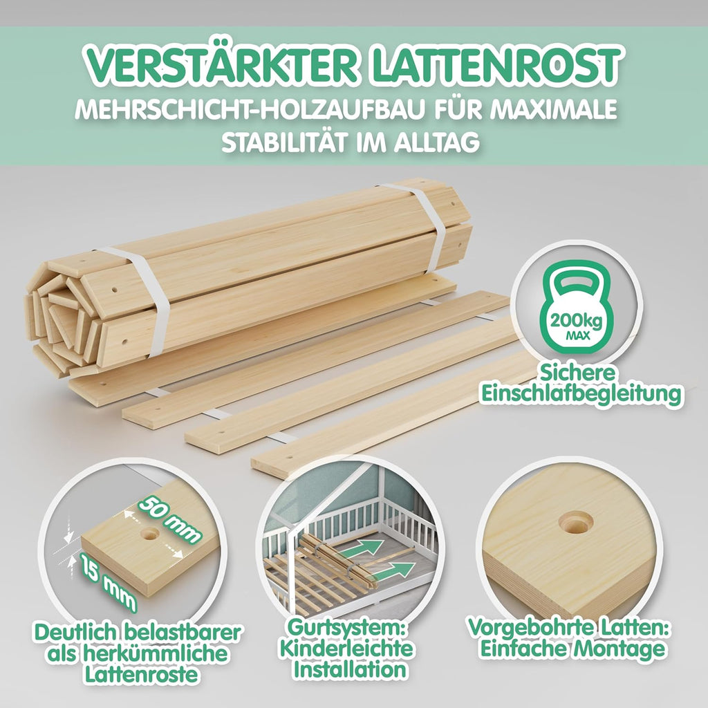 CADANI Timi Kinderbett 140x200 cm Bodenbett, Rausfallschutz abnehmbar, bis 200 kg belastbar, Roll-Lattenrost, Montessori Kiefer Massivholz Bett, 3 Aufbauvarianten, Umbaubar, Weiß
