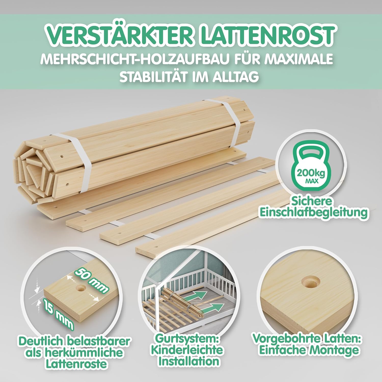 CADANI Timi Kinderbett 140x200 cm Bodenbett, Rausfallschutz abnehmbar, bis 200 kg belastbar, Roll-Lattenrost, Montessori Kiefer Massivholz Bett, 3 Aufbauvarianten, Umbaubar, Weiß