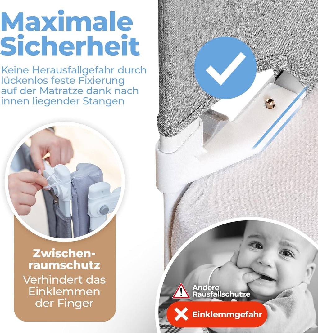 Rausfallschutz Boxspringbett & Elternbett (180x200cm) [8-teiliges Rausfallschutz Bett Set] Stabilitätsstange & Zwischenraumschutz – Bettgitter ist Laborgeprüft
