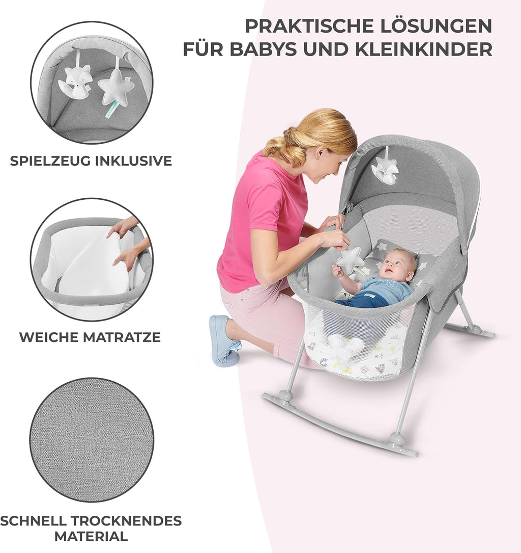 kk Kinderkraft Kinderkraft Kinderbett 3 in 1 lOVI, Kinderreisebett, Stubenwagen, Babywiege, Baby Wippe, Zusammenklappbar, Einfach Transport, mit Zubehör, Tasche, Moskitonetz,von Geburt bis 9 kg, Grau