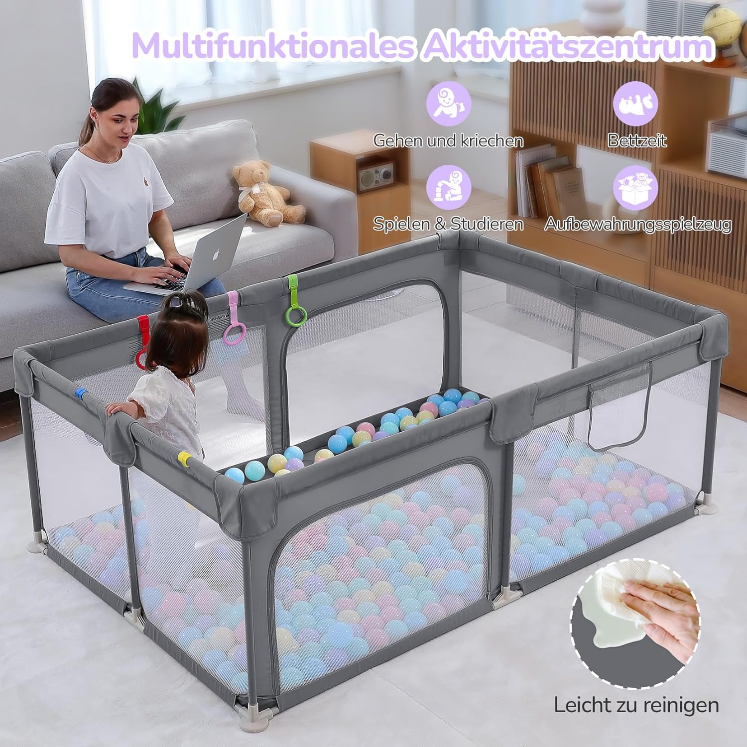Dripex Laufstall Baby, Großes Laufgitter Baby faltbar für 2-3 Kinder, Indoor & Outdoor laufgitter & -Ställe mit atmungsaktivem Netz & 5 Pull-up Rings, 120x180cm, Hellgrau