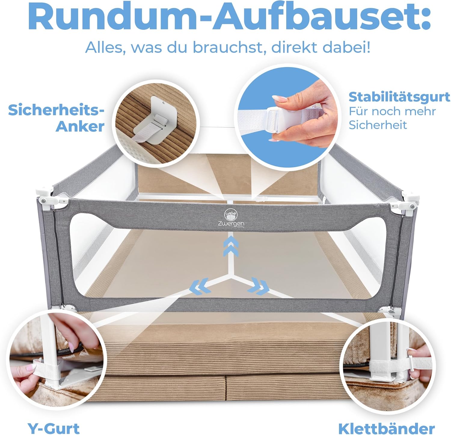 Rausfallschutz Boxspringbett & Elternbett (180x200cm) [8-teiliges Rausfallschutz Bett Set] Stabilitätsstange & Zwischenraumschutz – Bettgitter ist Laborgeprüft