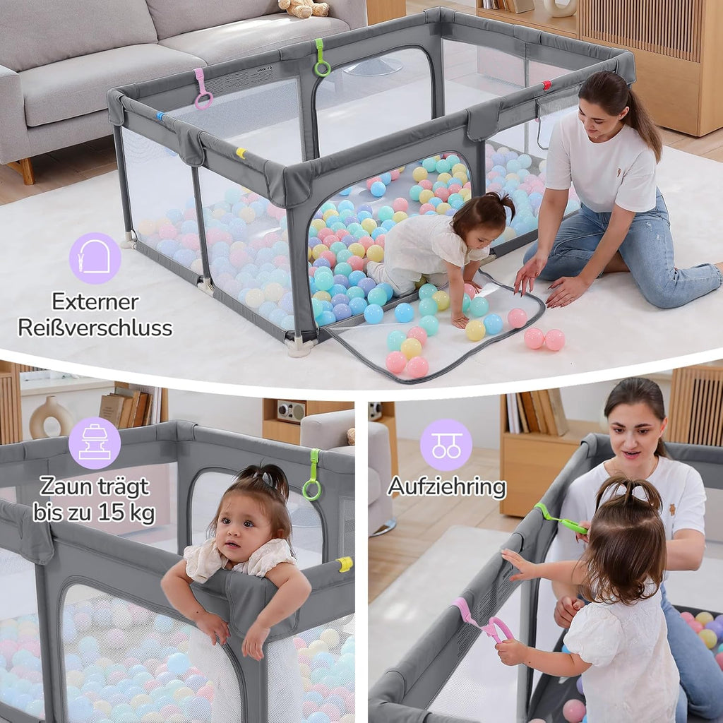 Dripex Laufstall Baby, Großes Laufgitter Baby faltbar für 2-3 Kinder, Indoor & Outdoor laufgitter & -Ställe mit atmungsaktivem Netz & 5 Pull-up Rings, 120x180cm, Hellgrau
