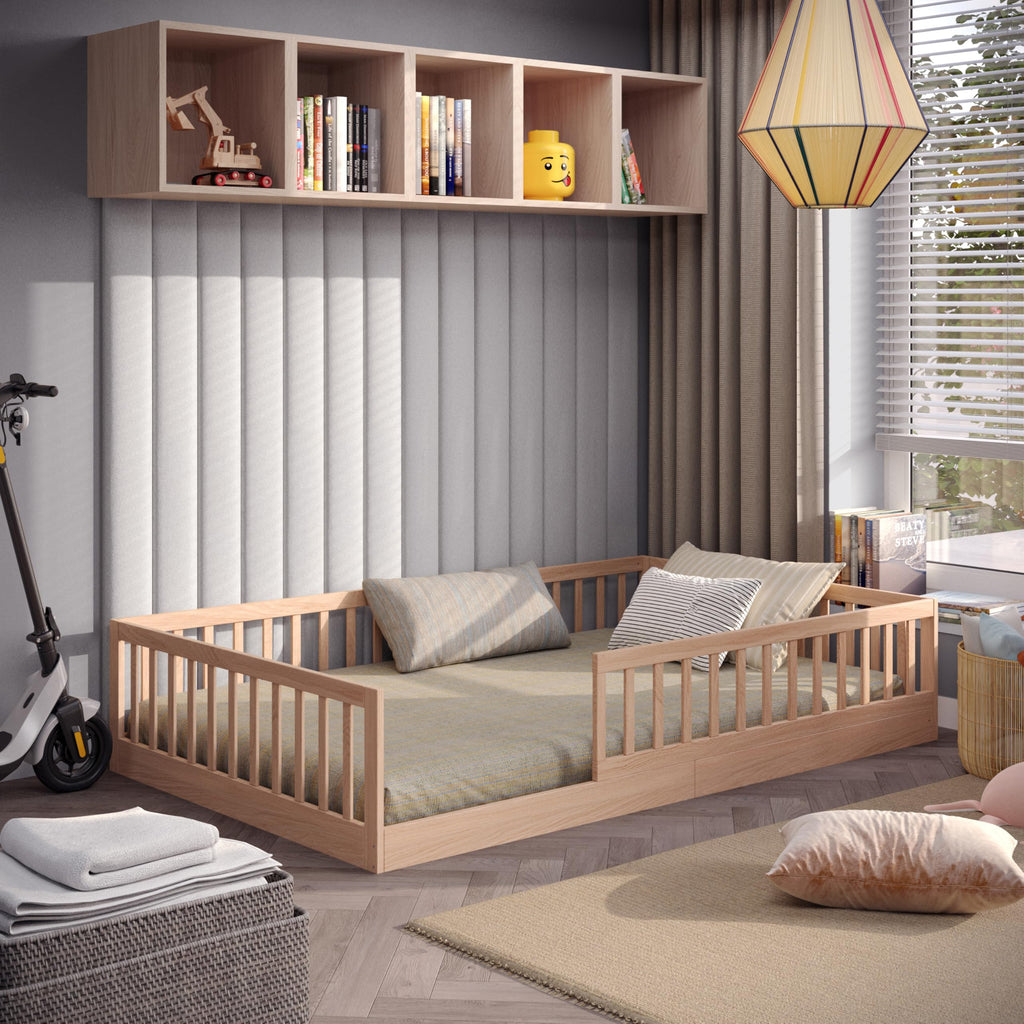 CADANI Timi Kinderbett 140x200 cm Bodenbett, Rausfallschutz abnehmbar, bis 200 kg belastbar, Roll-Lattenrost, Montessori Kiefer Massivholz Bett, 3 Aufbauvarianten, Umbaubar, Weiß